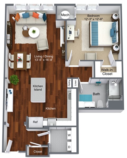 Floor plan for 1 bed, 1 bath, 812 sqft